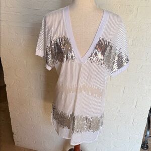 INC International Concepts White and Silver Sequin Short Sleeve Top